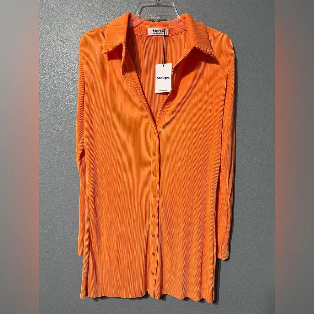 NWT Show Po. Amarante Plisse Mini Shirt Dress Orange Sz 8 US 12 UK Ribbed NEW!